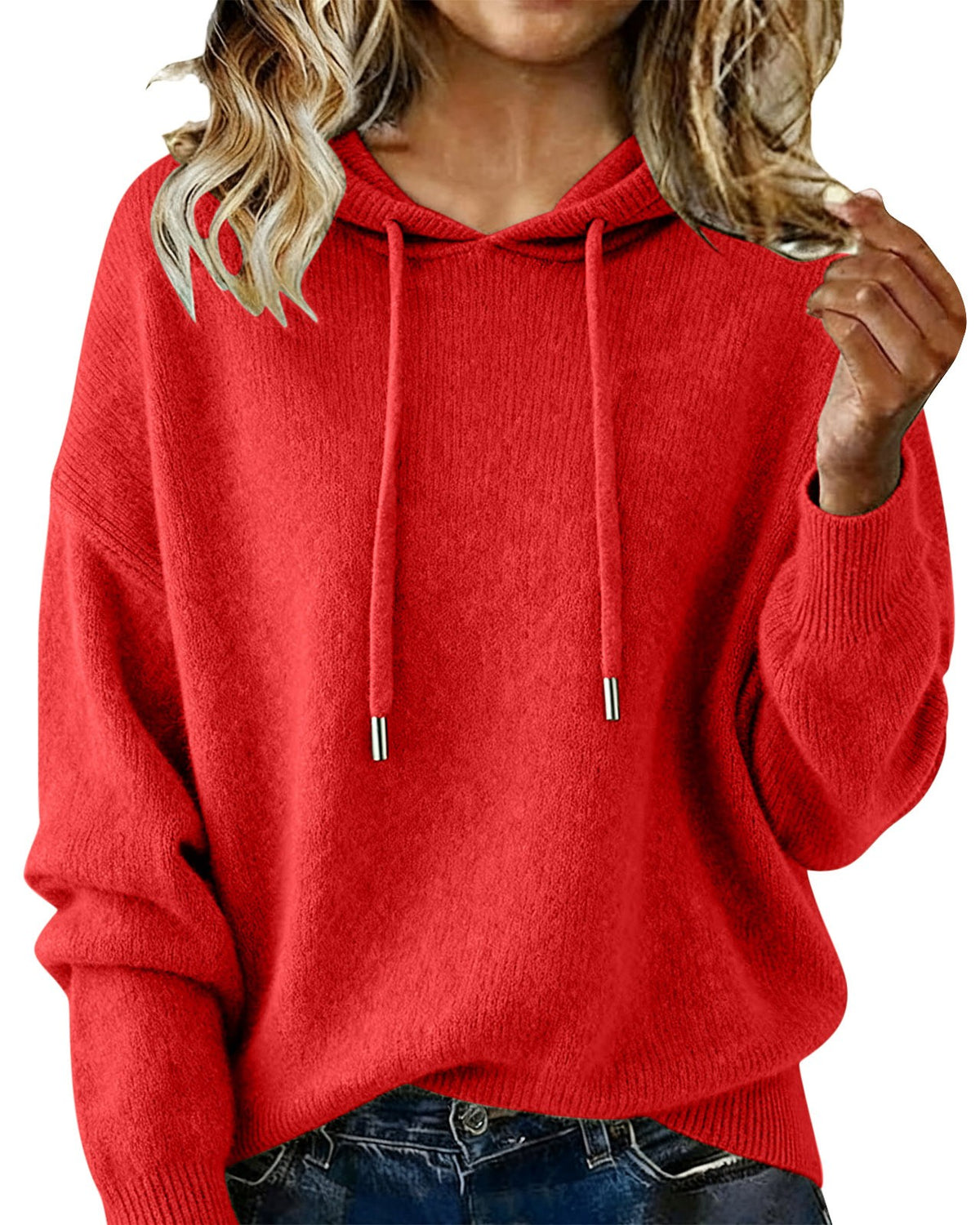 Relaxed Hooded Knit Pullover Sweater - Red