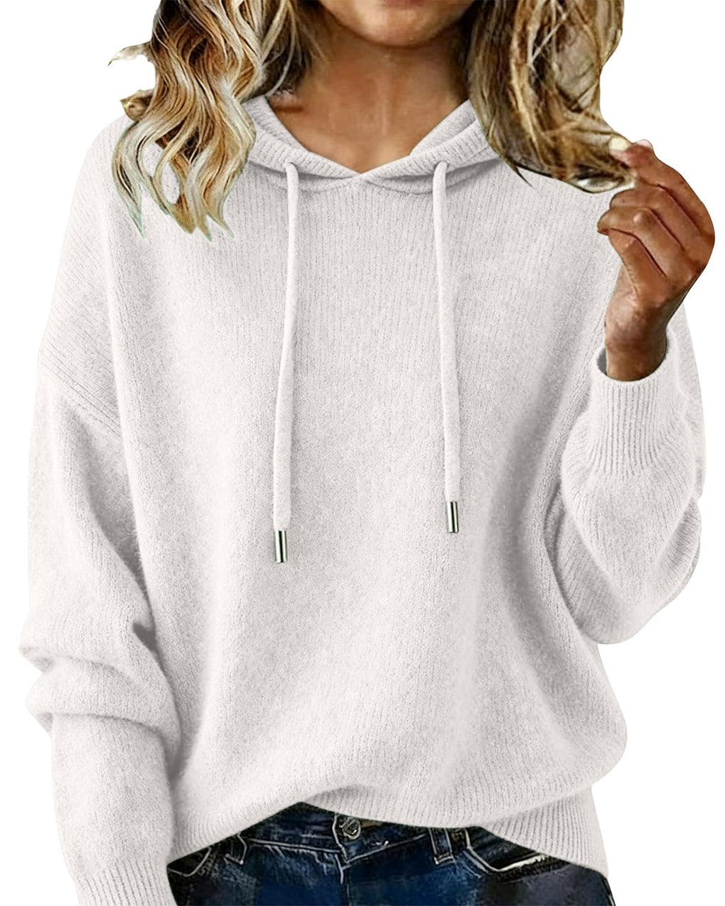 Relaxed Hooded Knit Pullover Sweater - White