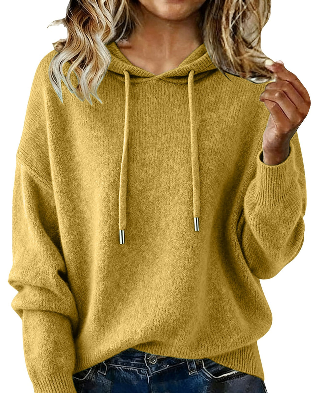 Relaxed Hooded Knit Pullover Sweater - Yellow