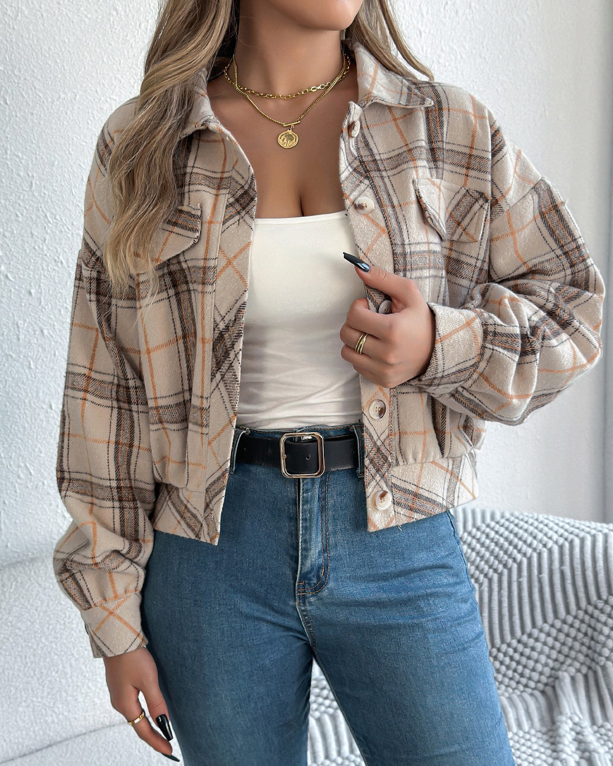 Plaid Cropped Button Front Shirt Jacket - Apricot