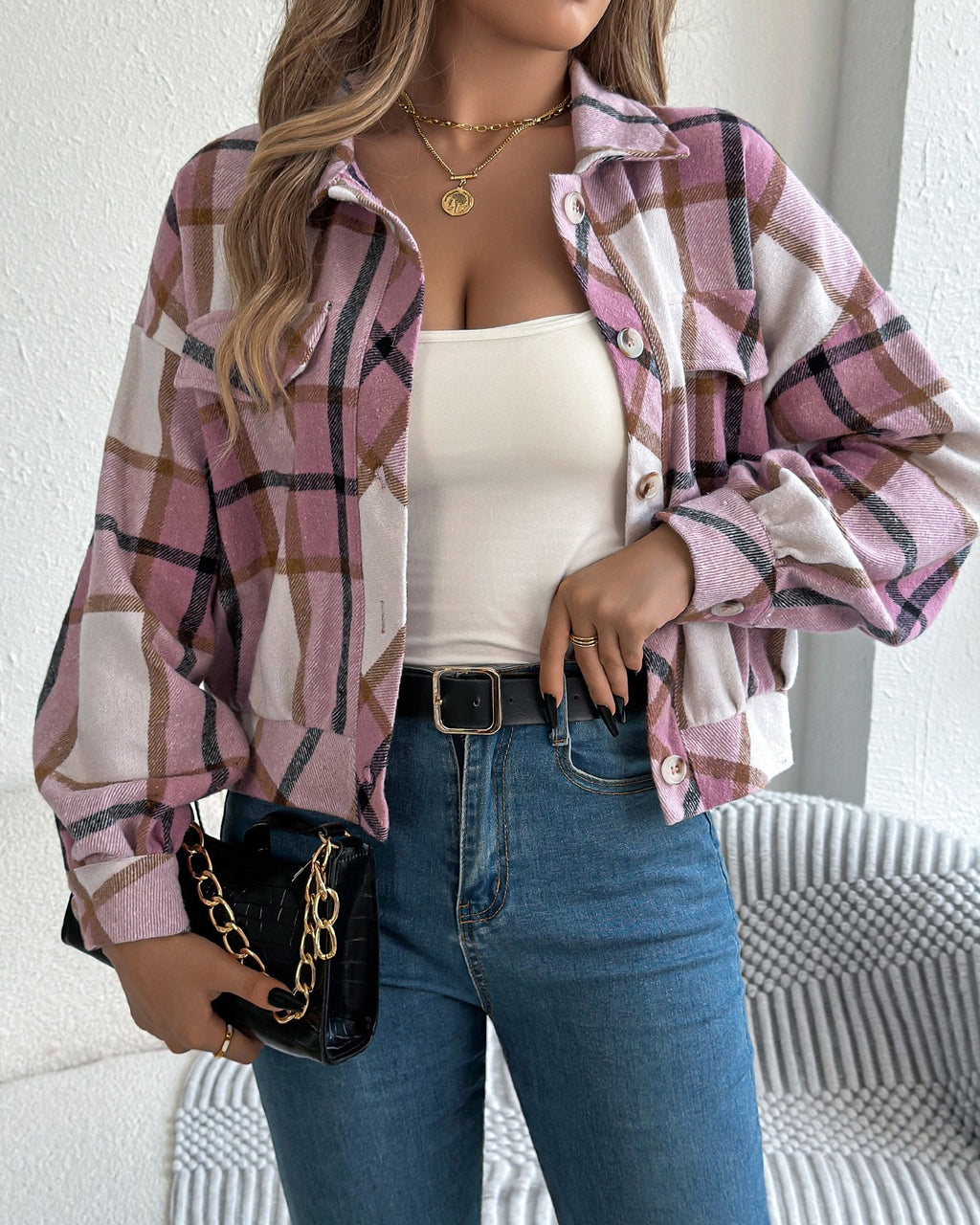 Plaid Cropped Button Front Shirt Jacket - Pink