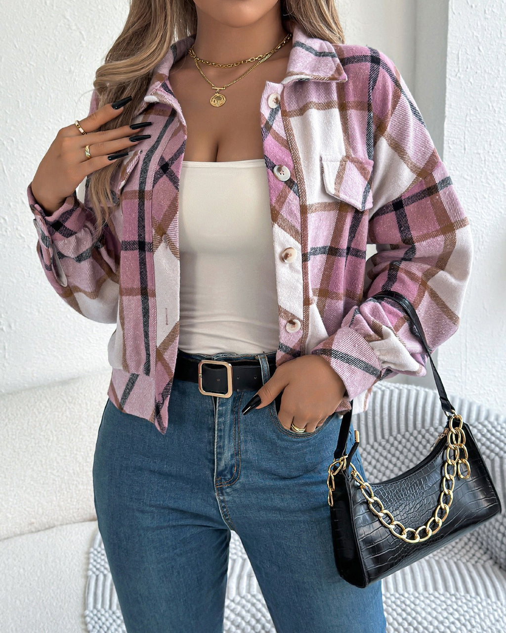Plaid Cropped Button Front Shirt Jacket - Pink - 1