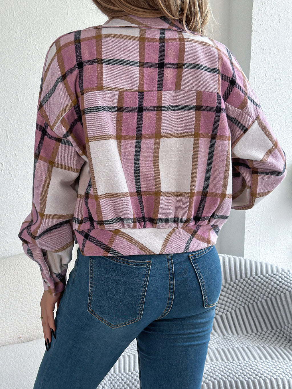 Plaid Cropped Button Front Shirt Jacket - Pink - 2