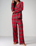 Tartan Pajama Set with Notch Collar Shirt and Pants - Red