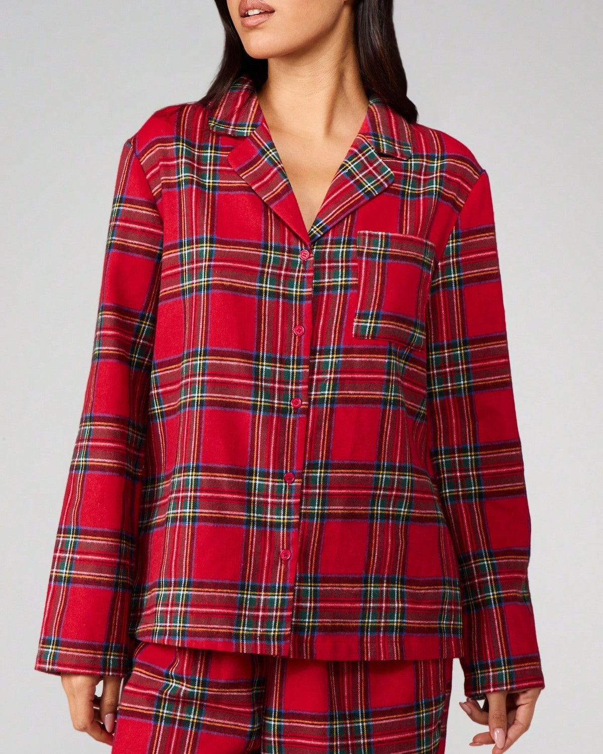 Tartan Pajama Set with Notch Collar Shirt and Pants - Red - 1