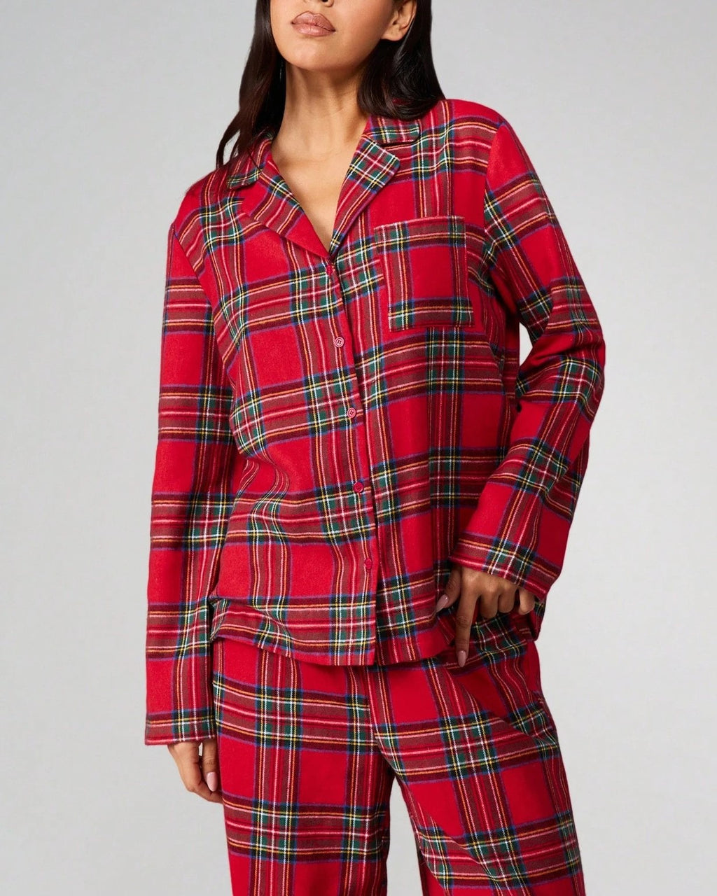 Tartan Pajama Set with Notch Collar Shirt and Pants - Red - 2