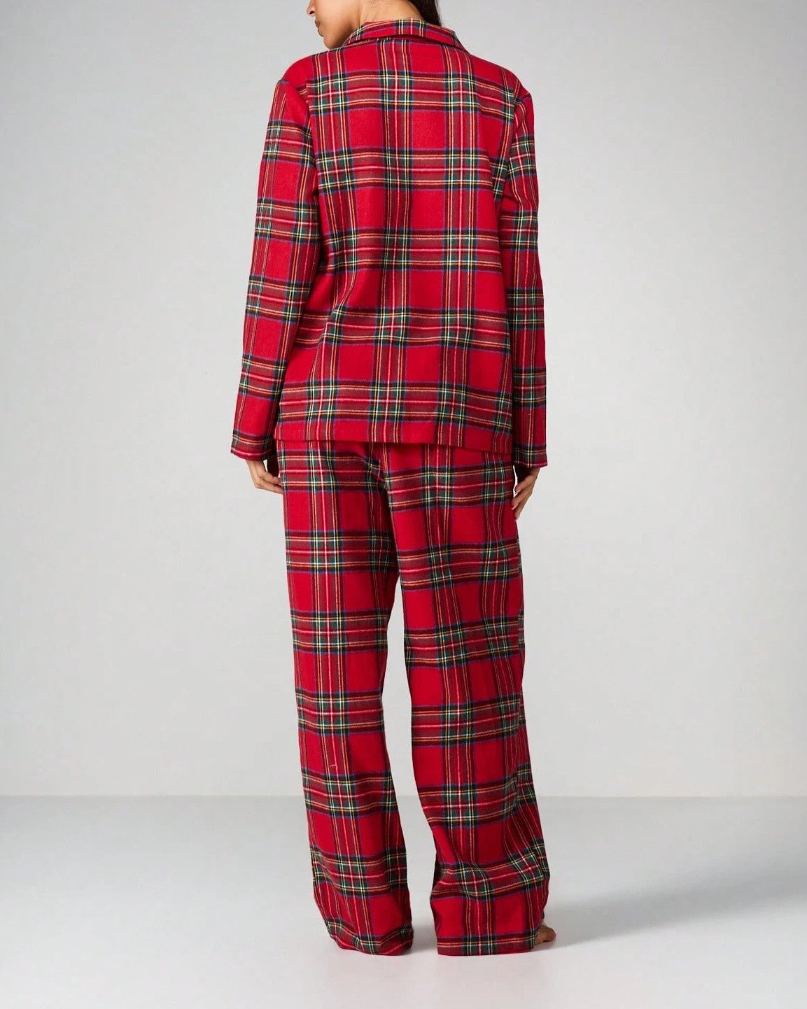 Tartan Pajama Set with Notch Collar Shirt and Pants - Red - 3