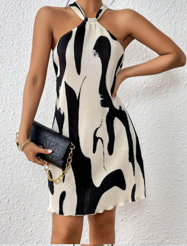 Abstract Print Halter Neck Mini Dress - Black