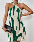Abstract Print Halter Neck Mini Dress - Green