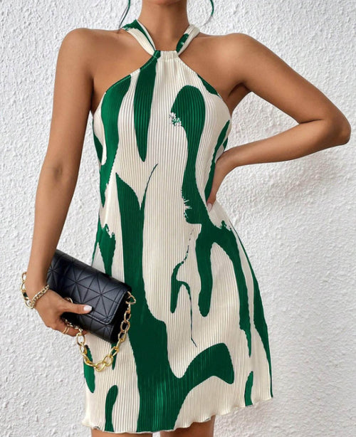 Abstract Print Halter Neck Mini Dress - Green