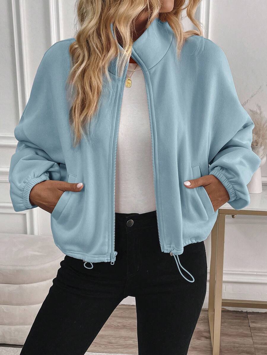 Cropped Zip Up Jacket With Drawstring Hem - Blue