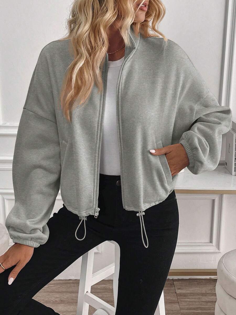 Cropped Zip Up Jacket With Drawstring Hem - Grey