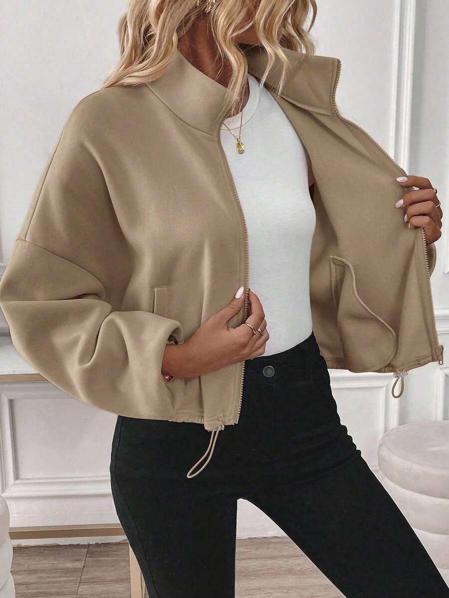 Cropped Zip Up Jacket With Drawstring Hem - Khaki