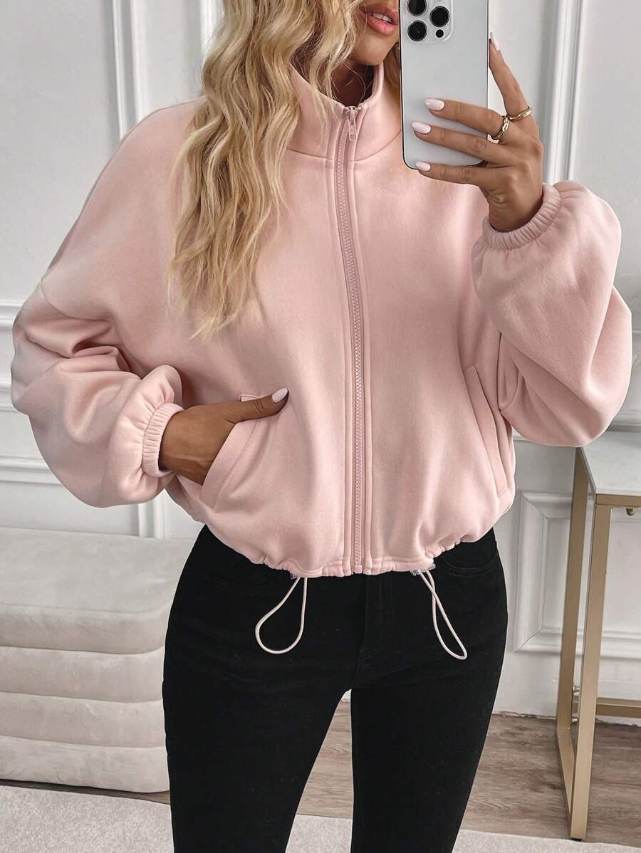 Cropped Zip Up Jacket With Drawstring Hem - Pink