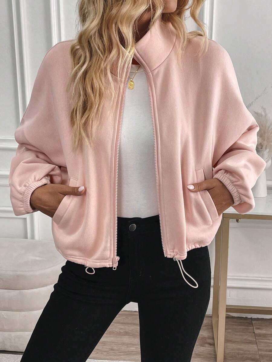 Cropped Zip Up Jacket With Drawstring Hem - Pink - 1