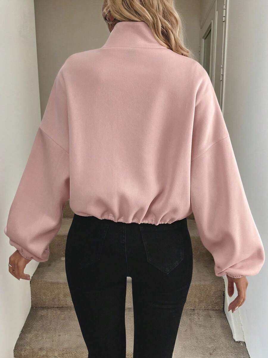 Cropped Zip Up Jacket With Drawstring Hem - Pink - 2