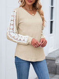 Crochet Lace Sleeve Waffle Knit Top - Apricot