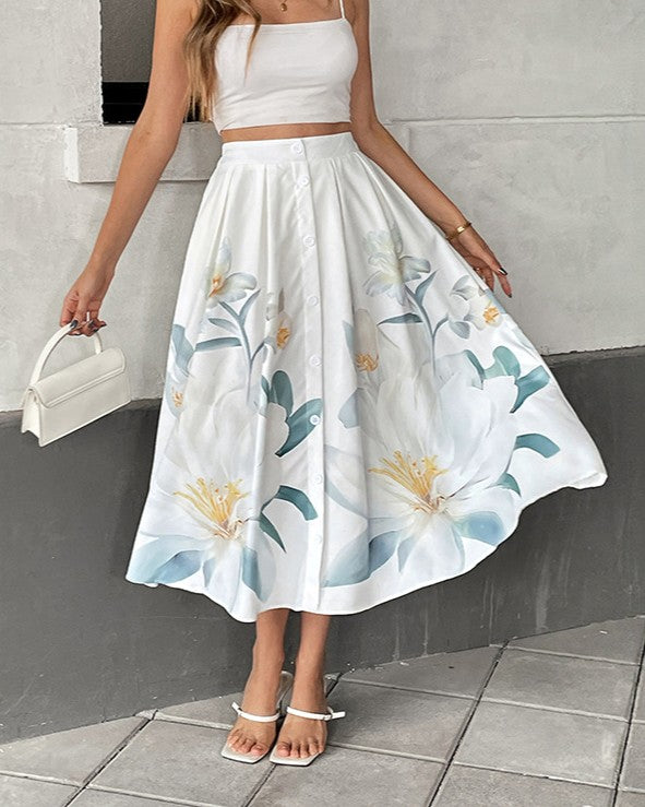 Floral Print Pleated Full Midi Skirt - Beige
