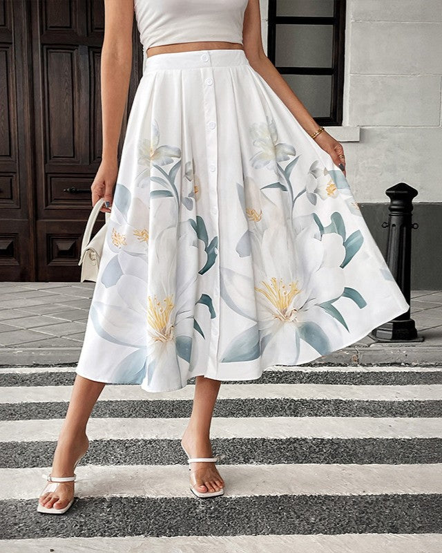 Floral Print Pleated Full Midi Skirt - Beige - 1