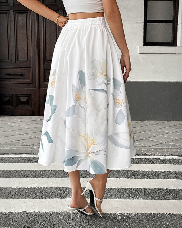 Floral Print Pleated Full Midi Skirt - Beige - 3