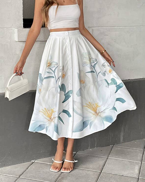 Floral Print Pleated Full Midi Skirt