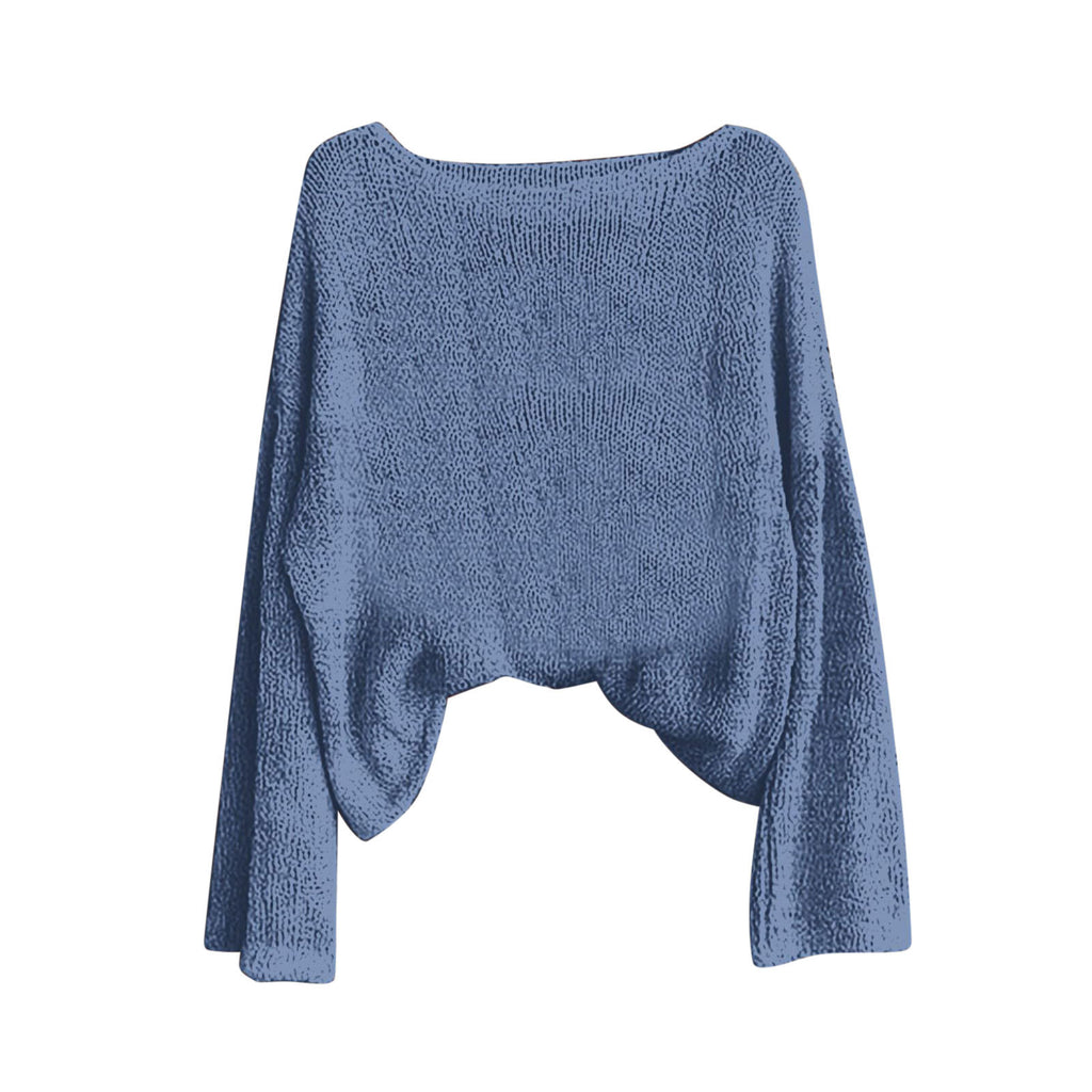 Batwing Knit Top With Curved High Low Hem - Blue