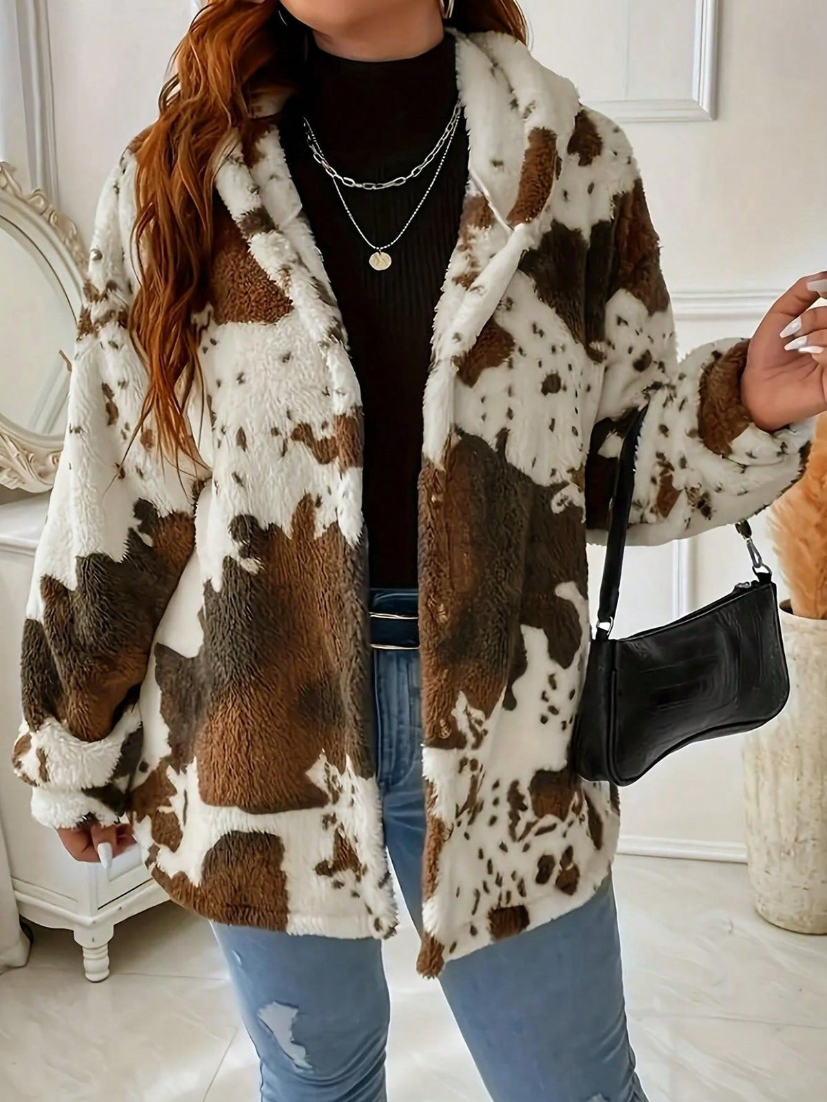 Cow Print Fluffy Fleece Shacket Jacket - Cow