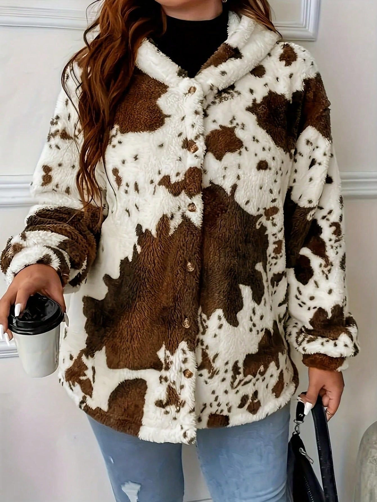 Cow Print Fluffy Fleece Shacket Jacket - Cow - 1