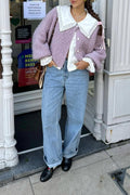 Boucle Knit Balloon Sleeve Button Cardigan - purple