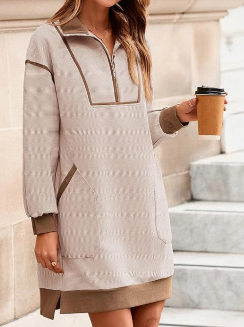 Contrast Trim Quarter Zip Sweatshirt Dress - Khaki