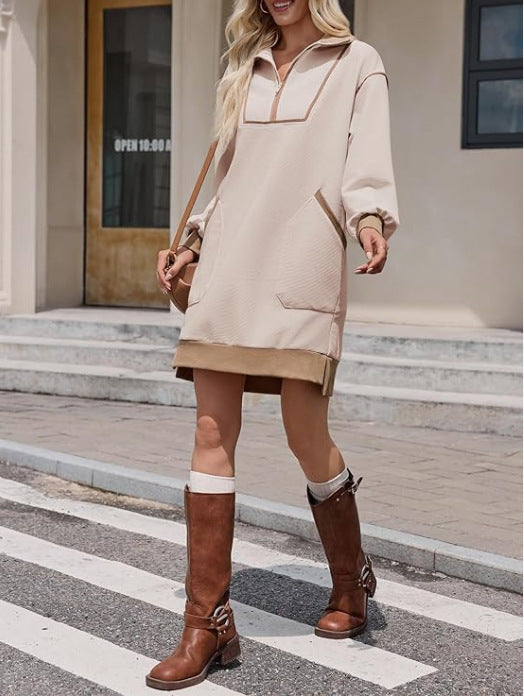 Contrast Trim Quarter Zip Sweatshirt Dress - Khaki - 1