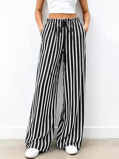 Pinstripe Drawstring Wide Leg Palazzo Pants - Black
