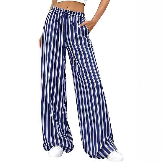 Pinstripe Drawstring Wide Leg Palazzo Pants - Blue