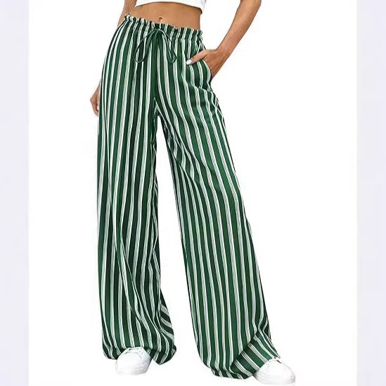 Pinstripe Drawstring Wide Leg Palazzo Pants - Green