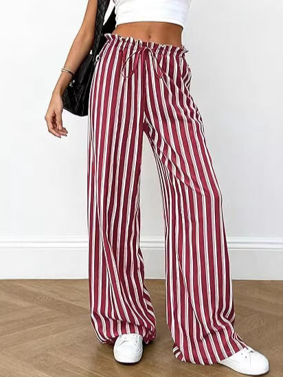 Pinstripe Drawstring Wide Leg Palazzo Pants - Red