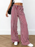 Pinstripe Drawstring Wide Leg Palazzo Pants - Red
