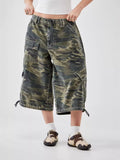 Baggy Camo Cargo Capri Pants With Tie Hems - ArmyGreen