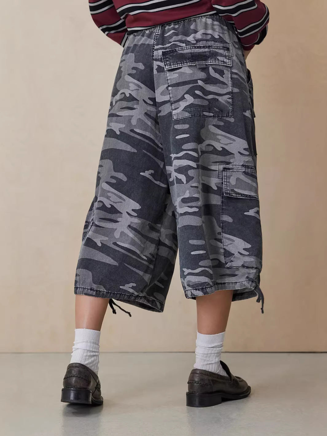 Baggy Camo Cargo Capri Pants With Tie Hems - view 1