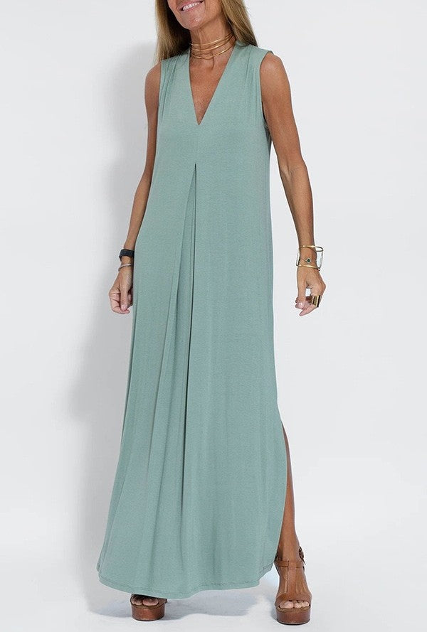 Sleeveless Maxi Dress and Duster Cardigan Set - Blue_Skirt