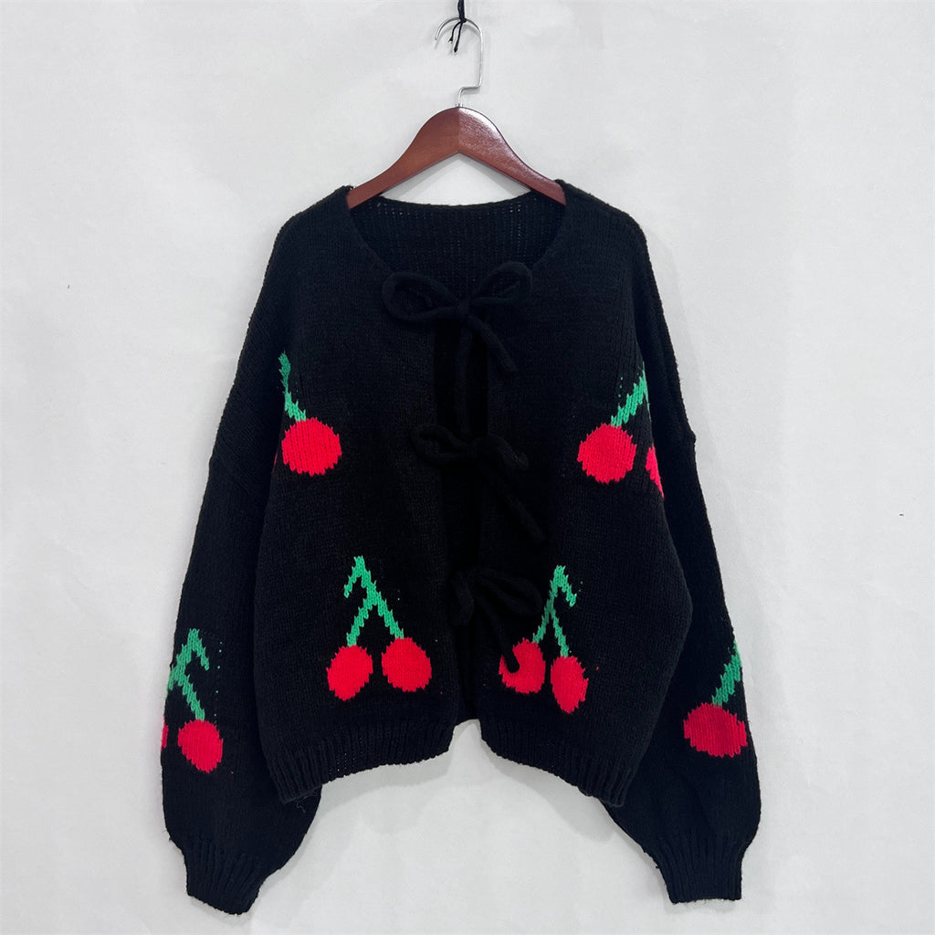 Cherry Pom Tie Front Knit Cardigan - Black