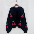 Cherry Pom Tie Front Knit Cardigan - Black