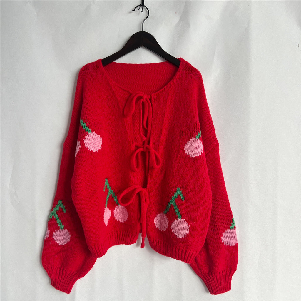 Cherry Pom Tie Front Knit Cardigan - Red