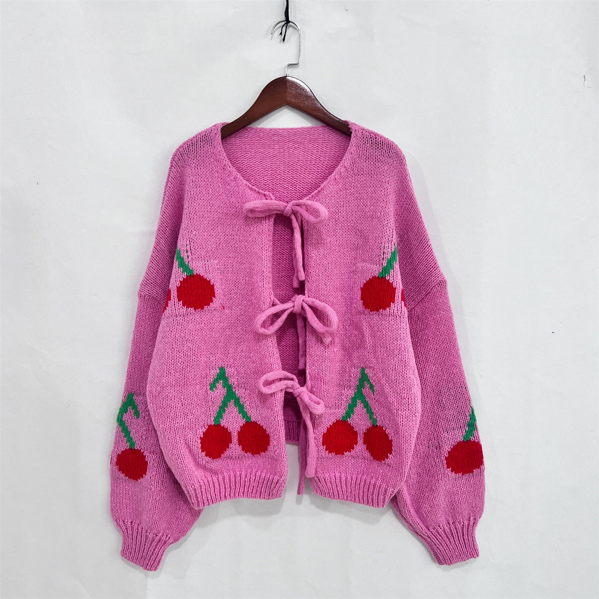 Cherry Pom Tie Front Knit Cardigan - Rosered