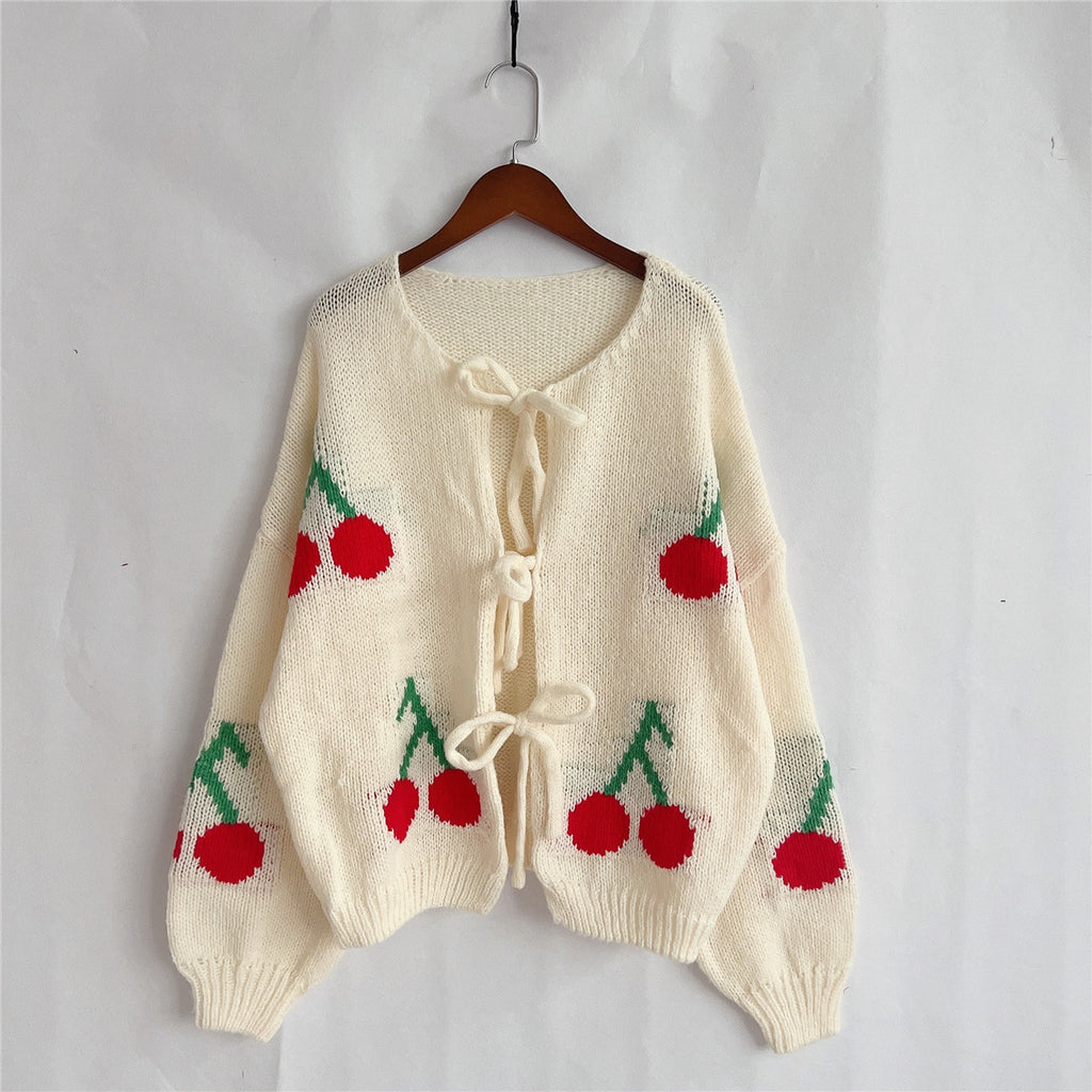 Cherry Pom Tie Front Knit Cardigan - White