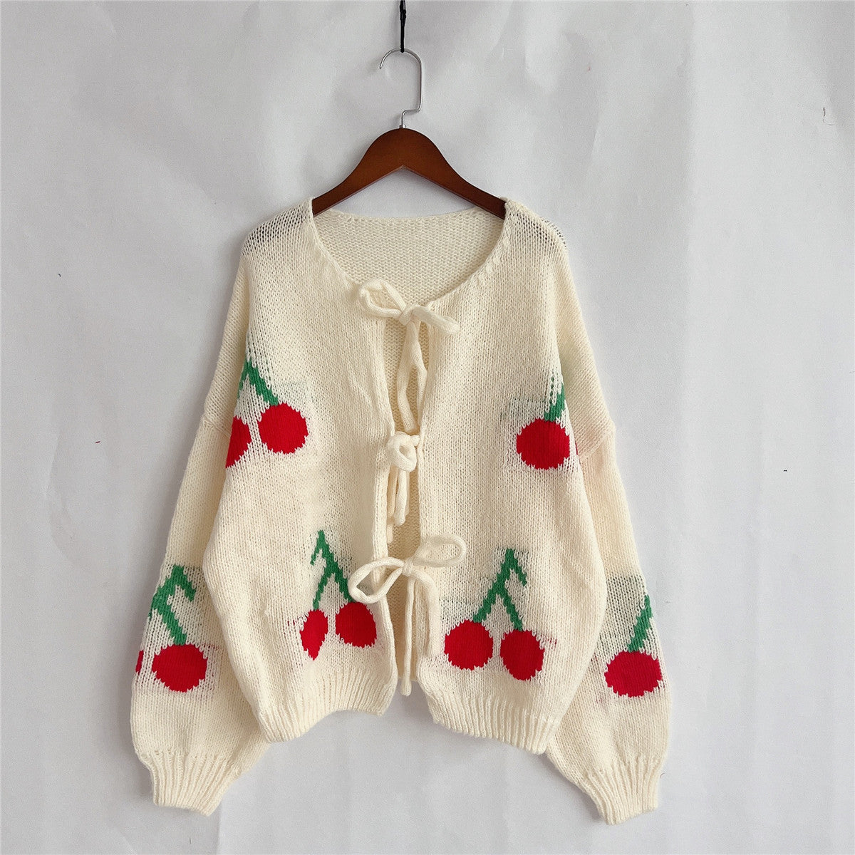 Cherry Pom Tie Front Knit Cardigan - White