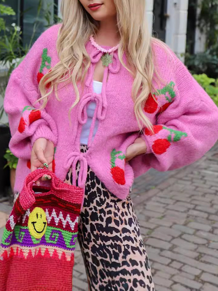 Cherry Pom Tie Front Knit Cardigan - view 1
