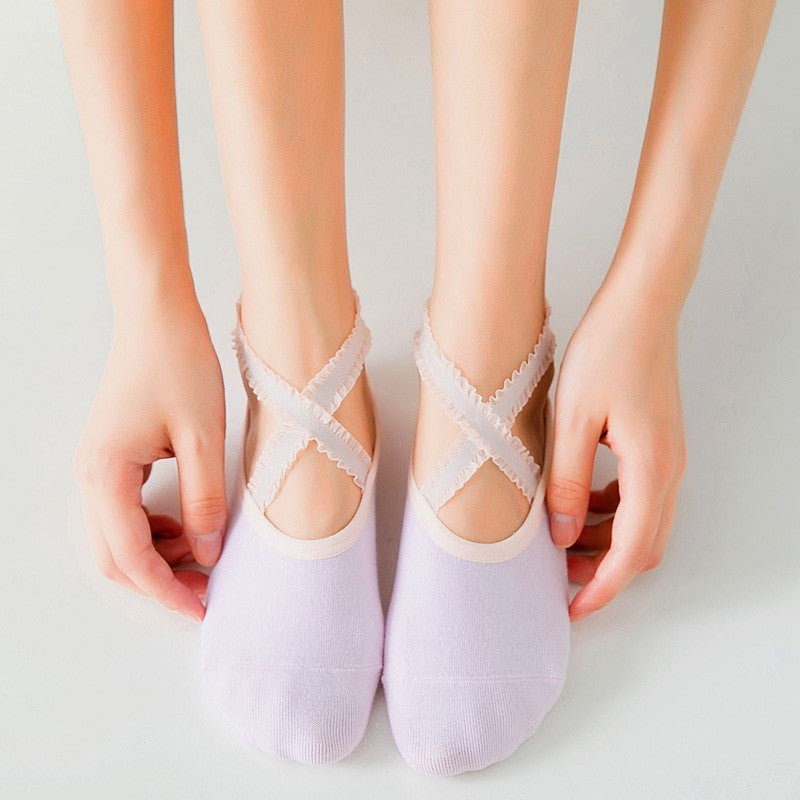 Non Slip Pilates Socks With Lace Straps - Beige