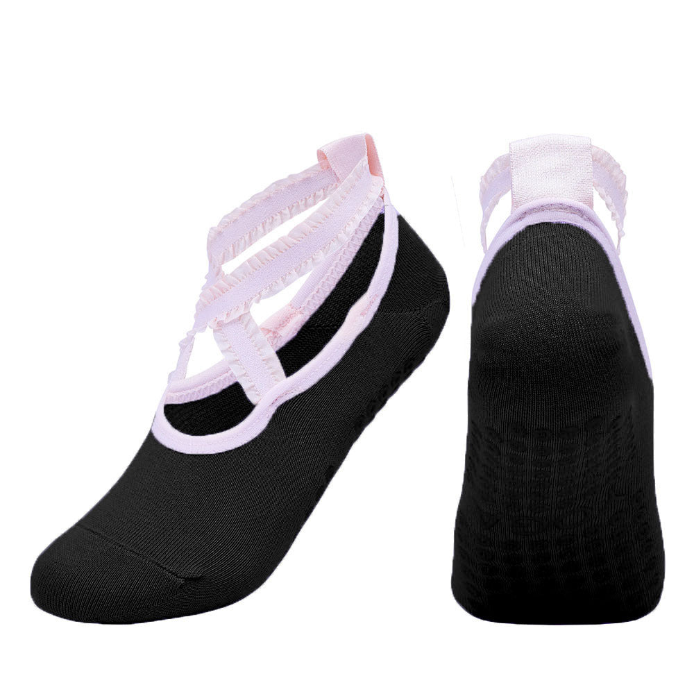 Non Slip Pilates Socks With Lace Straps - Black