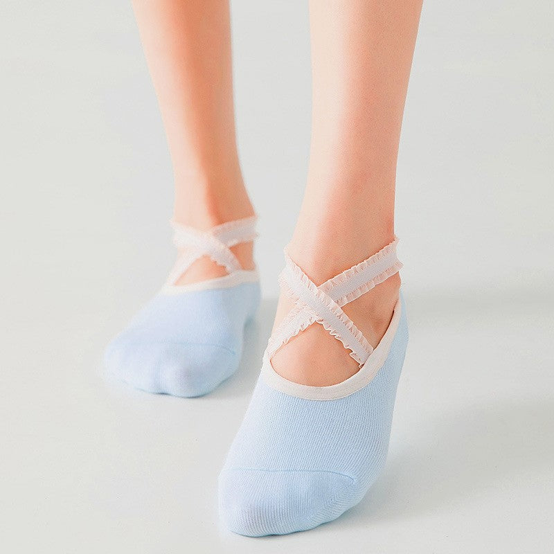 Non Slip Pilates Socks With Lace Straps - Blue - 1