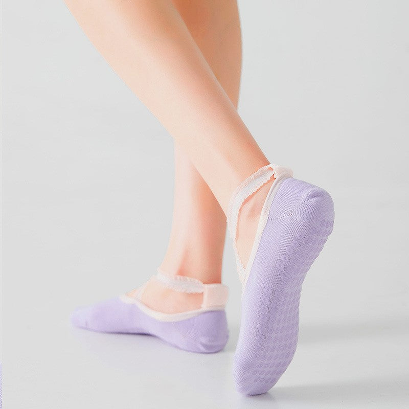 Non Slip Pilates Socks With Lace Straps - Purple - 1